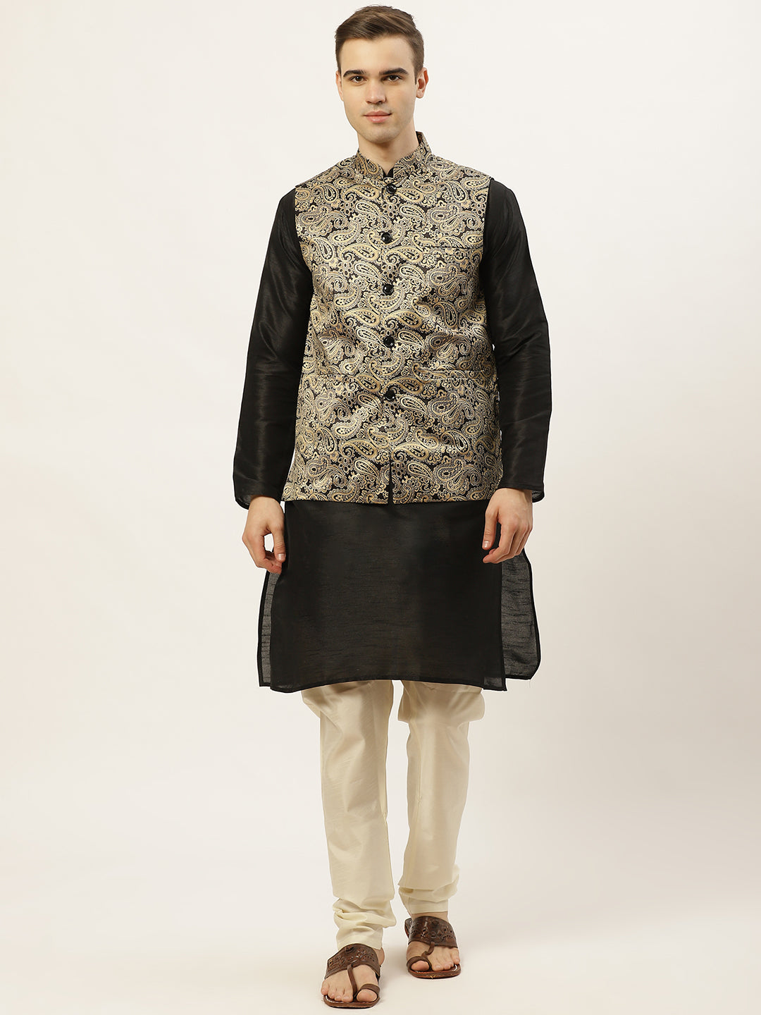 Jompers Men's Printed Nehru Jacket and Kurta Pyjama Set - Golden | Grocsy