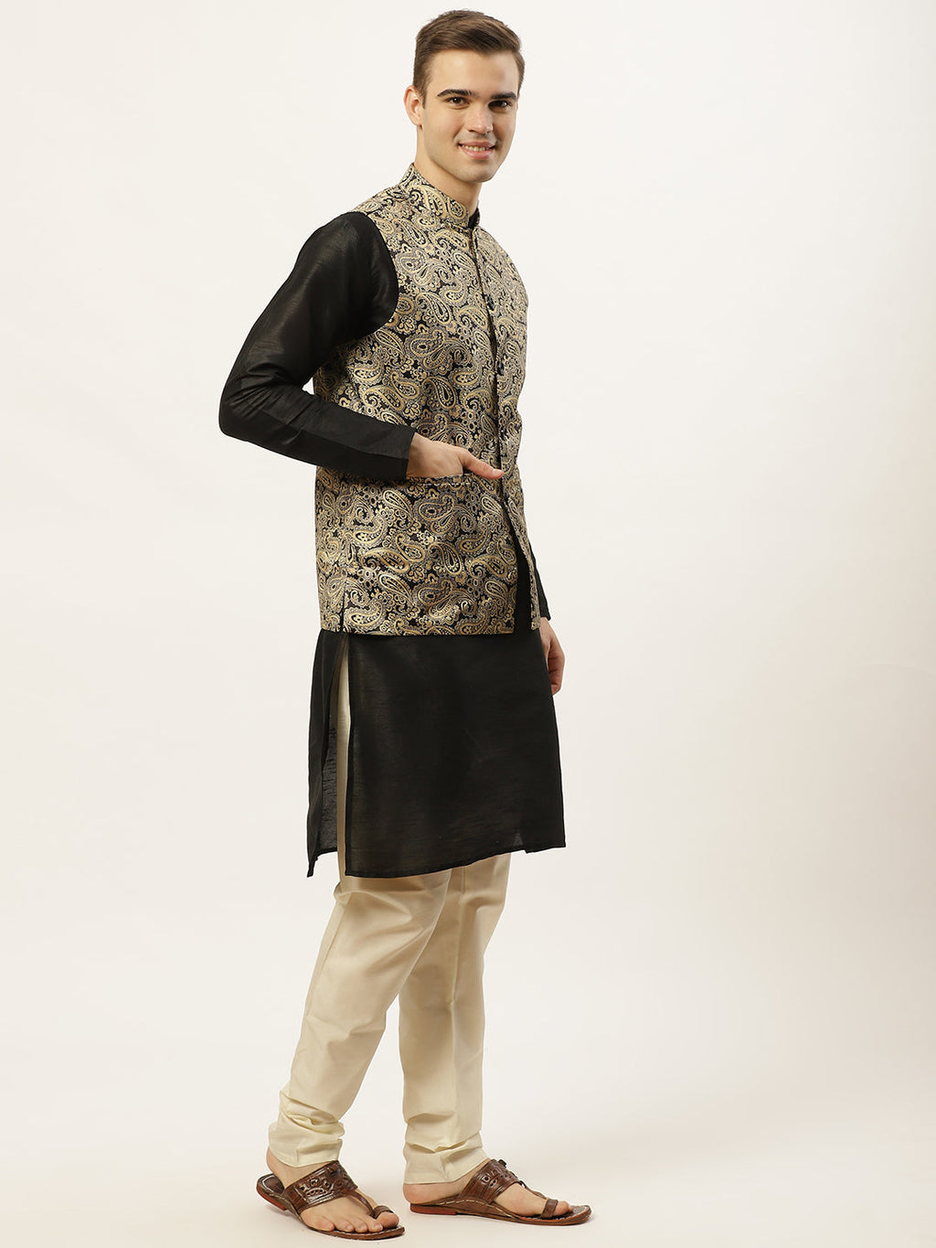 Jompers Men's Printed Nehru Jacket and Kurta Pyjama Set - Golden | Grocsy