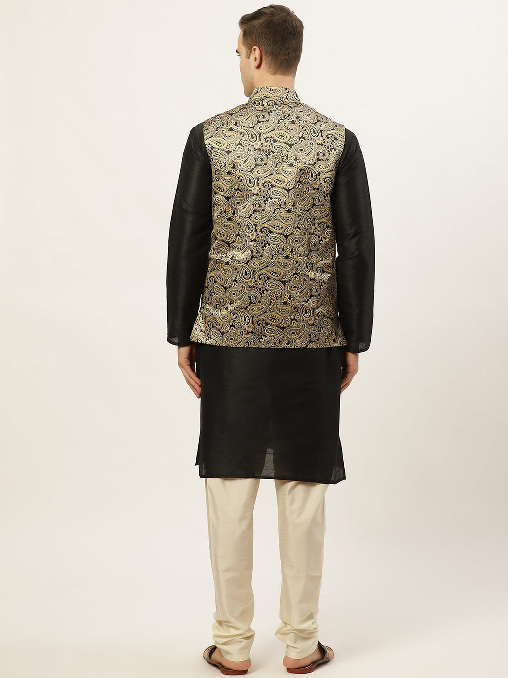 Jompers Men's Printed Nehru Jacket and Kurta Pyjama Set - Golden | Grocsy