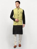Jompers Men's Black Dupion Silk Kurta with Churidar & Nehru Jacket ( Green ) | Grocsy