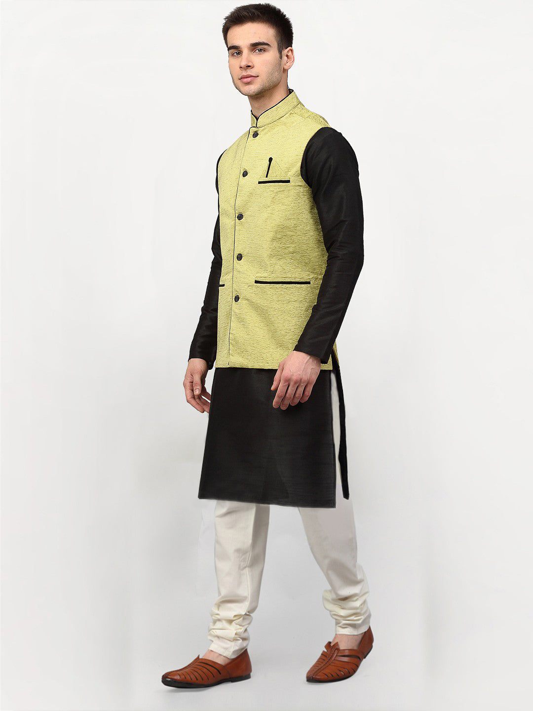 Jompers Men's Black Dupion Silk Kurta with Churidar & Nehru Jacket ( Green ) | Grocsy