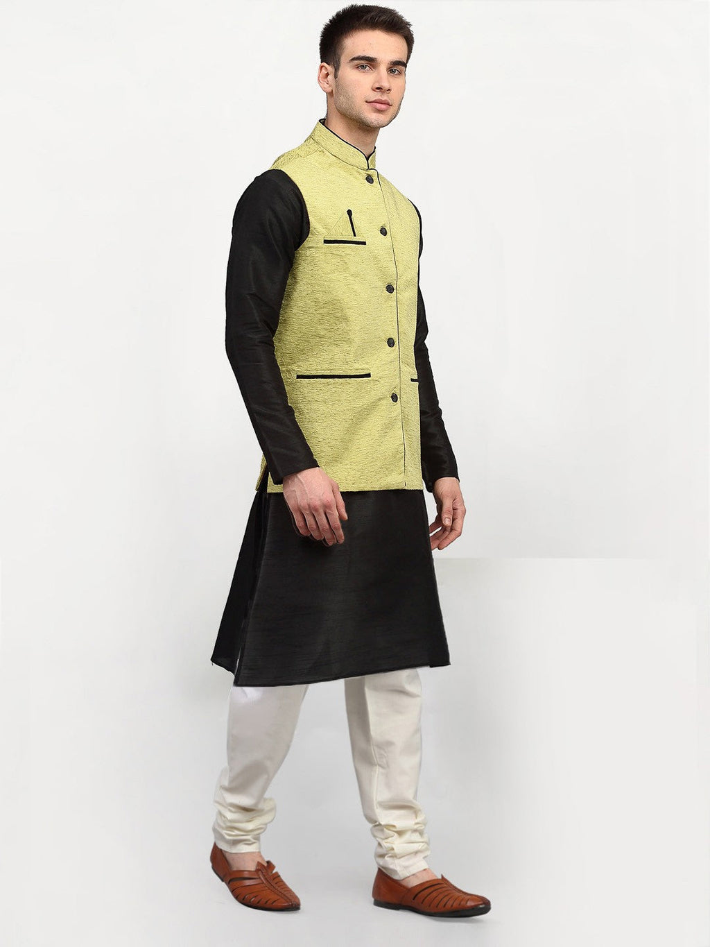 Jompers Men's Black Dupion Silk Kurta with Churidar & Nehru Jacket ( Green ) | Grocsy