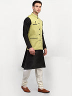 Jompers Men's Black Dupion Silk Kurta with Churidar & Nehru Jacket ( Green ) | Grocsy