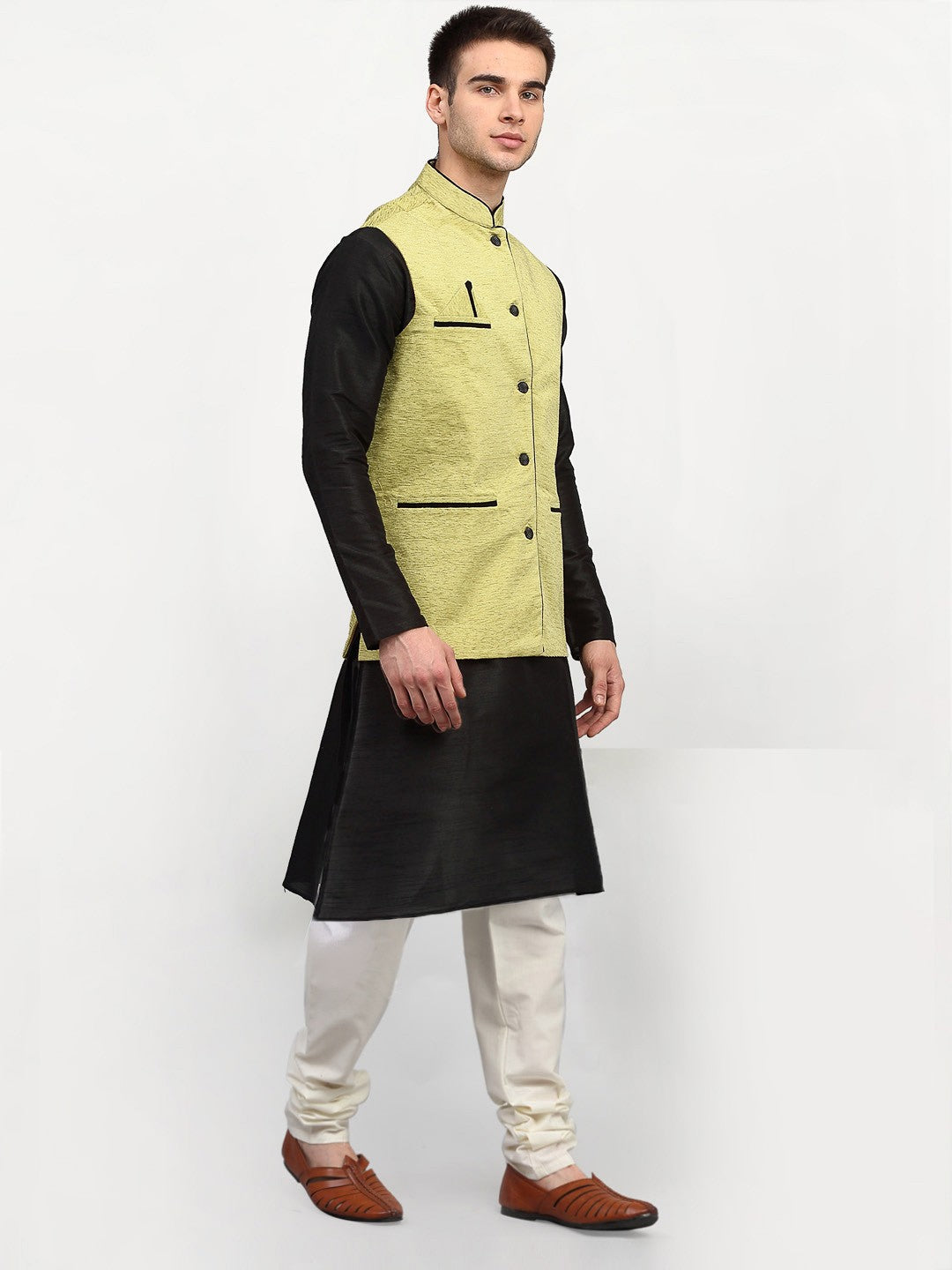 Jompers Men's Black Dupion Silk Kurta with Churidar & Nehru Jacket ( Green ) | Grocsy