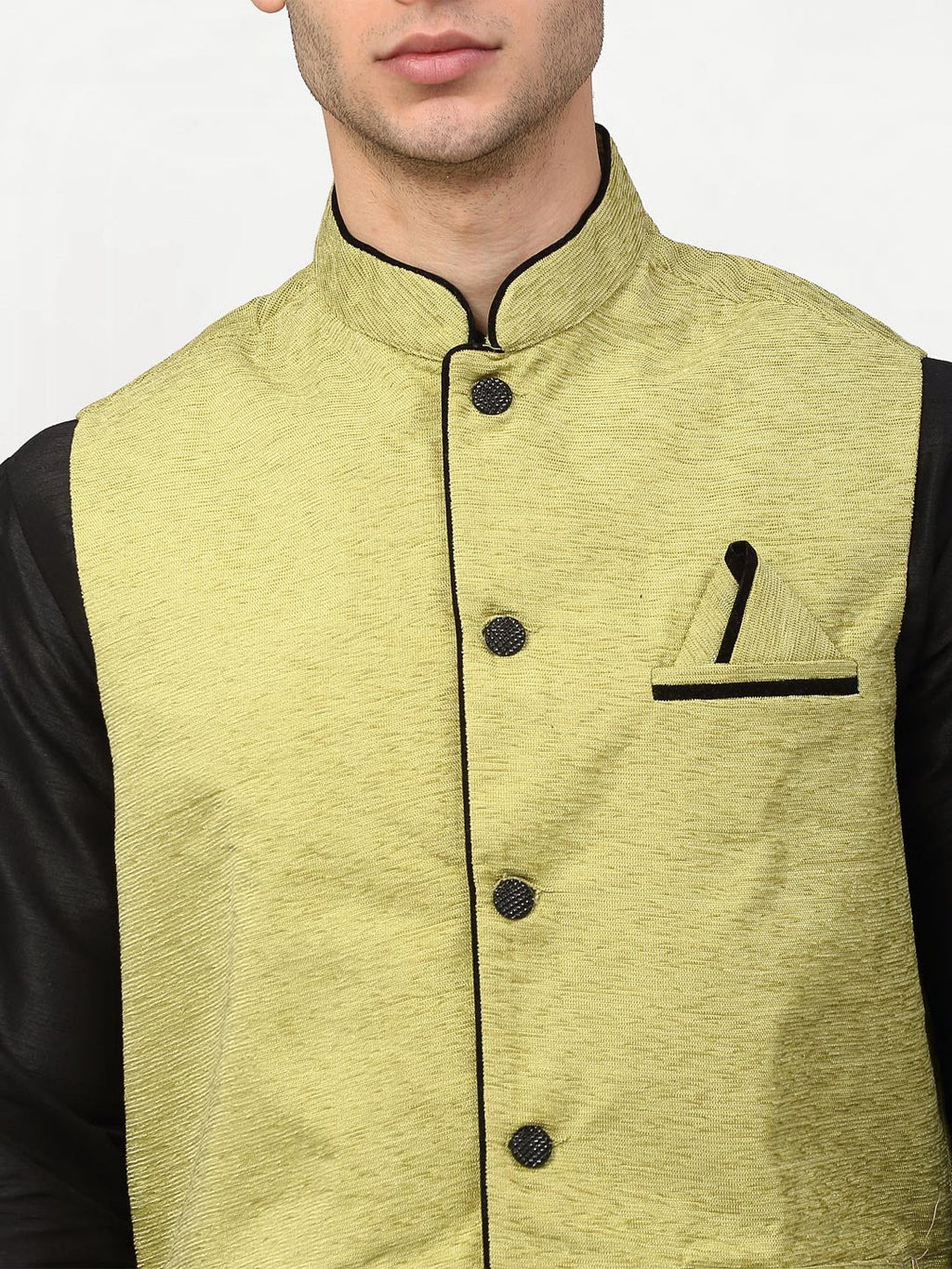 Jompers Men's Black Dupion Silk Kurta with Churidar & Nehru Jacket ( Green ) | Grocsy