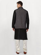 Jompers Men's Black Dupion Silk Kurta with Churidar & Nehru Jacket ( Grey ) | Grocsy
