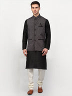 Jompers Men's Black Dupion Silk Kurta with Churidar & Nehru Jacket ( Grey ) | Grocsy