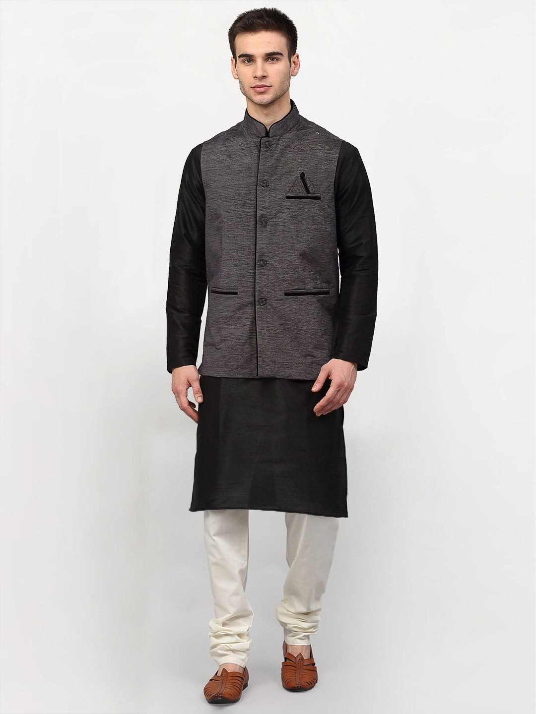 Jompers Men's Black Dupion Silk Kurta with Churidar & Nehru Jacket ( Grey ) | Grocsy