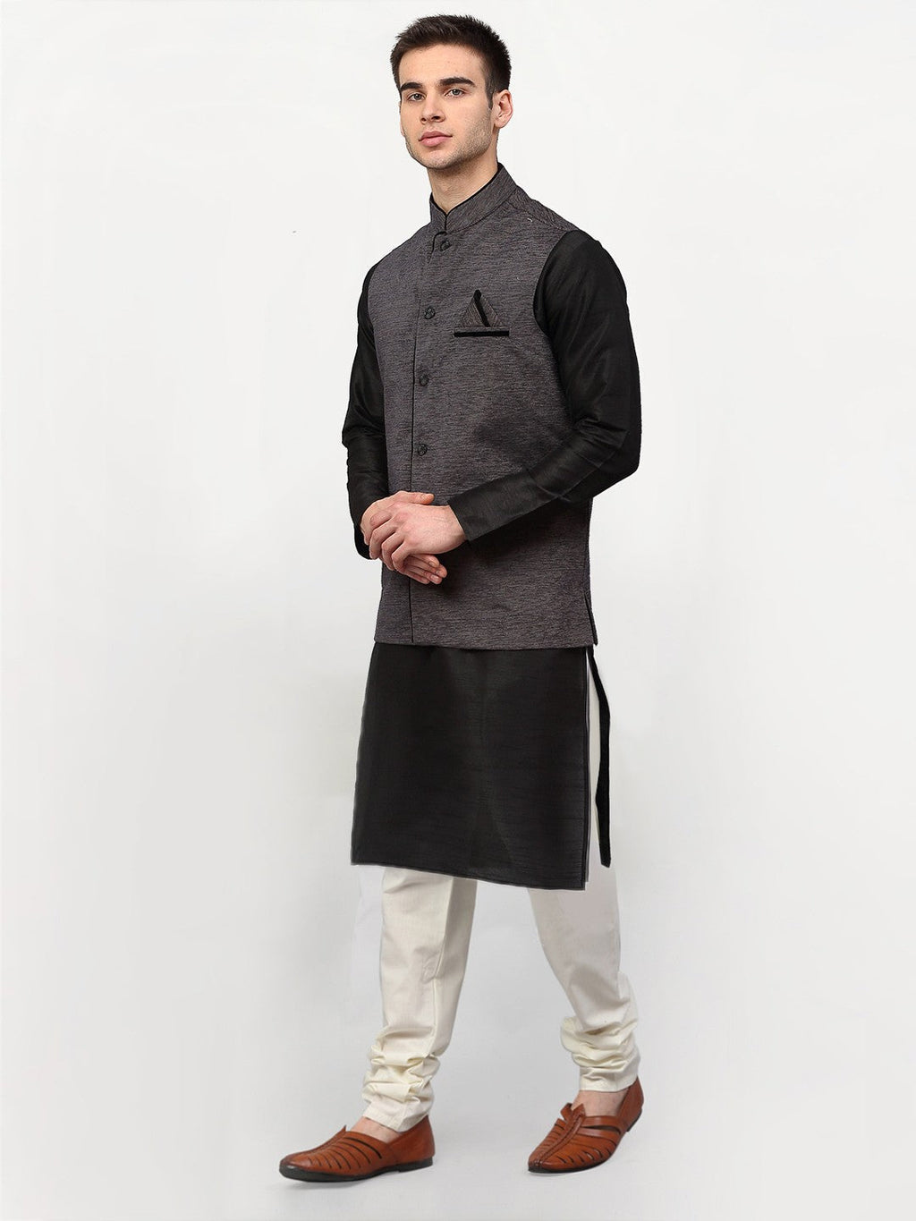 Jompers Men's Black Dupion Silk Kurta with Churidar & Nehru Jacket ( Grey ) | Grocsy