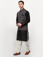 Jompers Men's Black Dupion Silk Kurta with Churidar & Nehru Jacket ( Grey ) | Grocsy