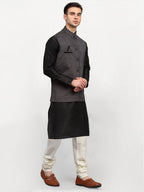 Jompers Men's Black Dupion Silk Kurta with Churidar & Nehru Jacket ( Grey ) | Grocsy