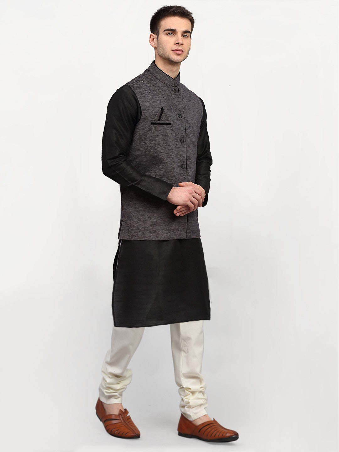 Jompers Men's Black Dupion Silk Kurta with Churidar & Nehru Jacket ( Grey ) | Grocsy
