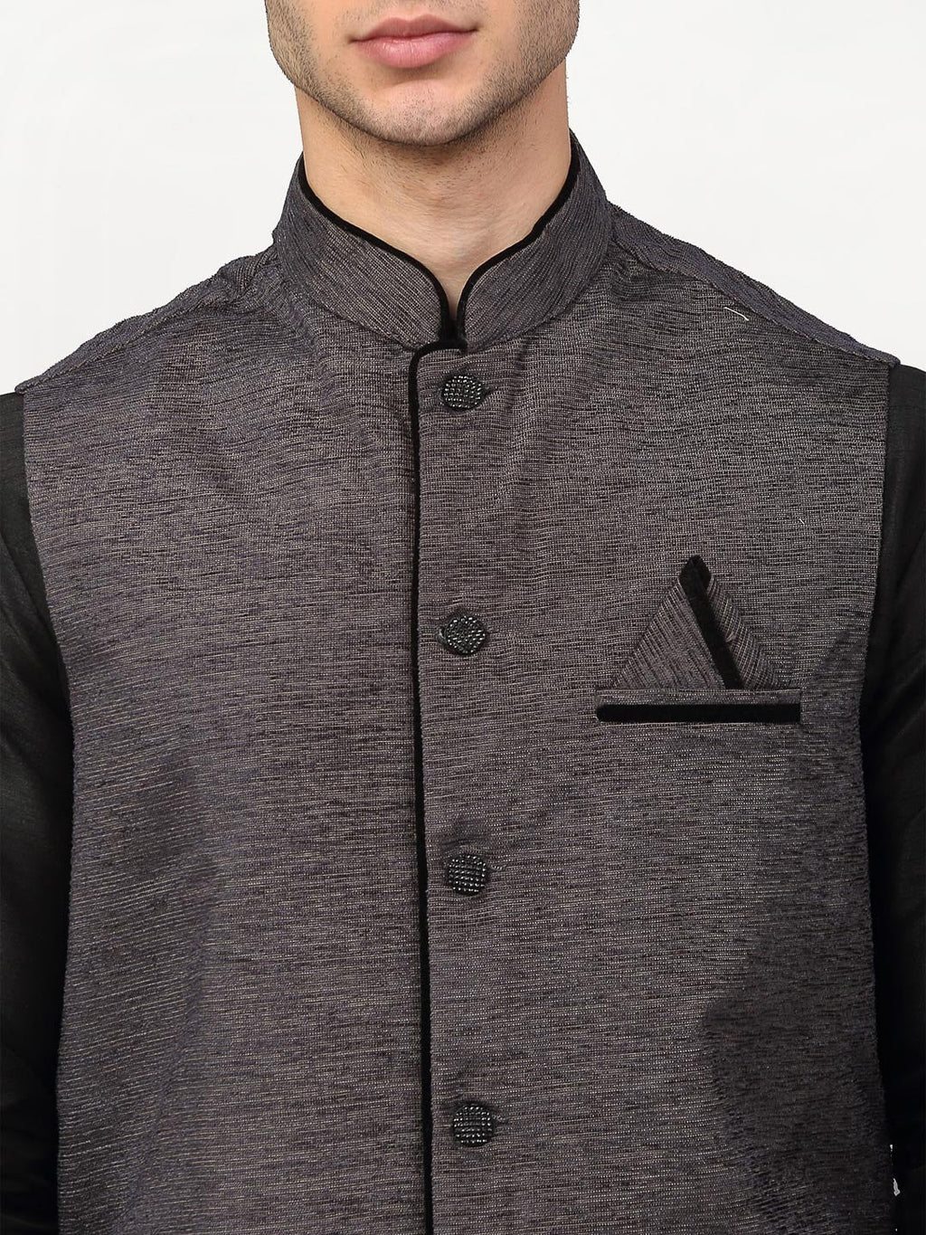 Jompers Men's Black Dupion Silk Kurta with Churidar & Nehru Jacket ( Grey ) | Grocsy