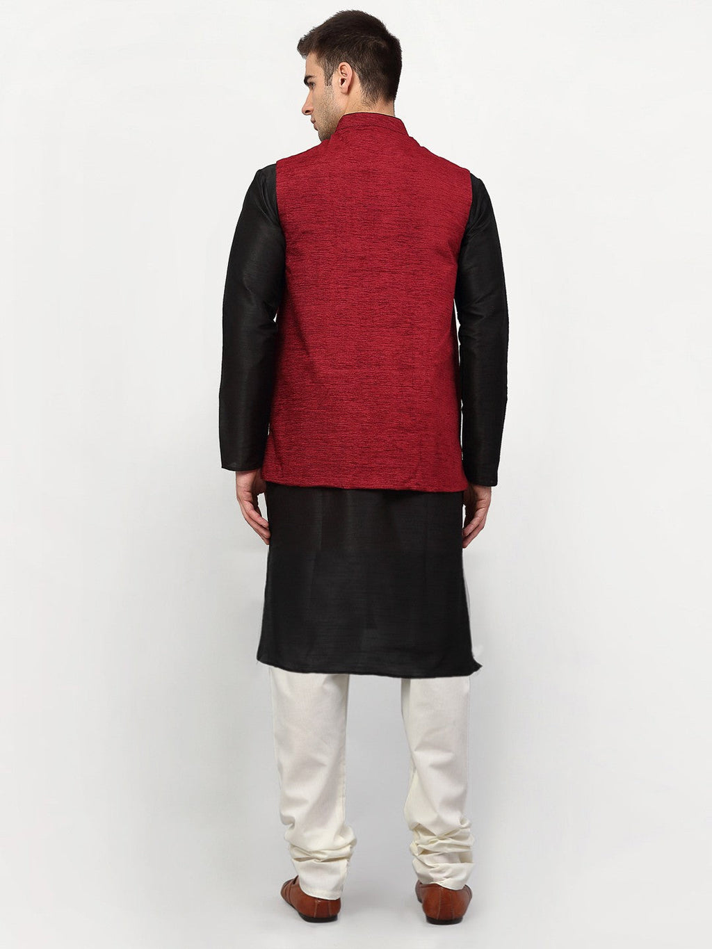 Jompers Men's Black Dupion Silk Kurta with Churidar & Nehru Jacket ( Maroon ) | Grocsy