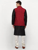 Jompers Men's Black Dupion Silk Kurta with Churidar & Nehru Jacket ( Maroon ) | Grocsy