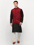 Jompers Men's Black Dupion Silk Kurta with Churidar & Nehru Jacket ( Maroon ) | Grocsy