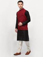 Jompers Men's Black Dupion Silk Kurta with Churidar & Nehru Jacket ( Maroon ) | Grocsy