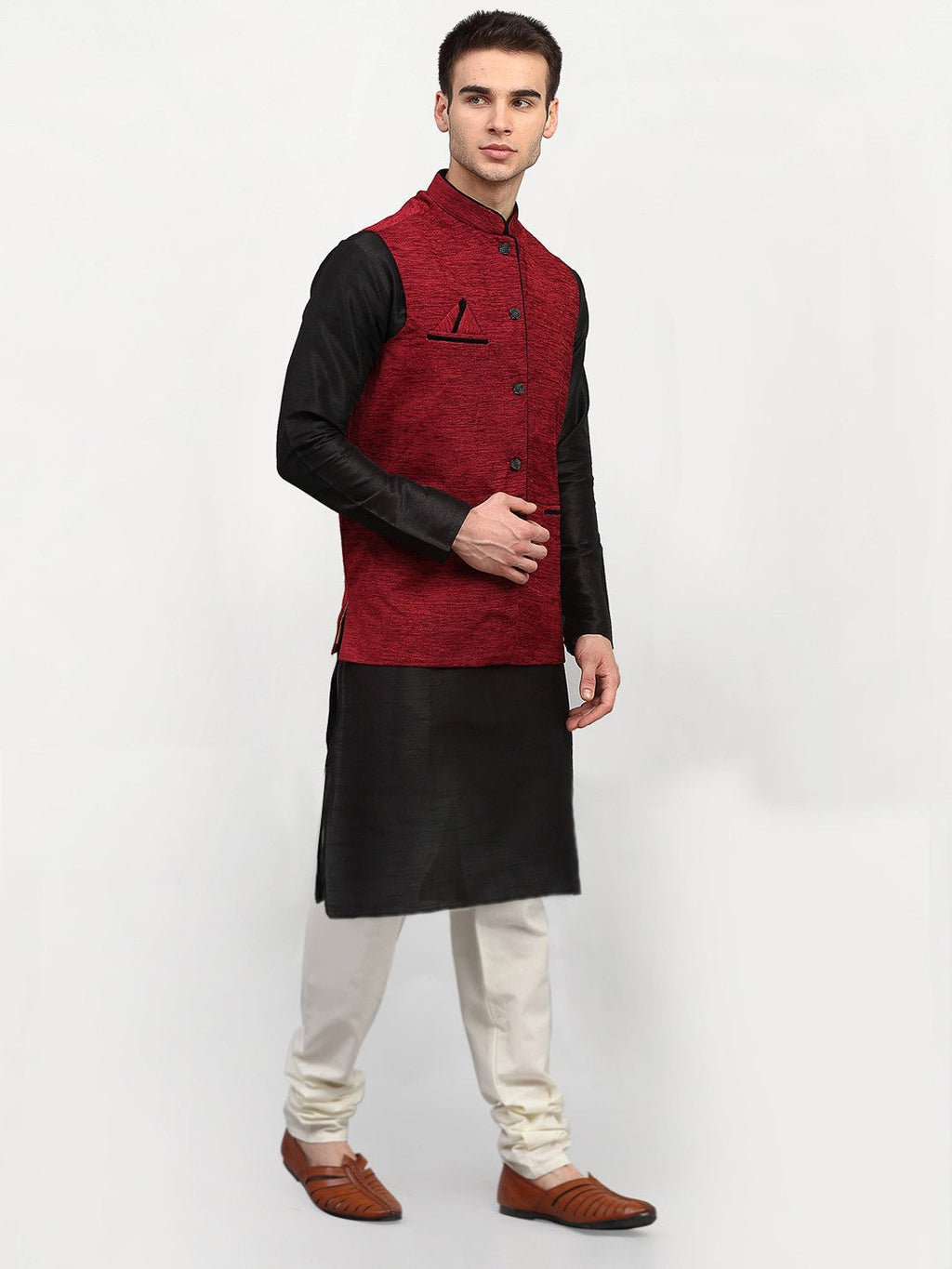 Jompers Men's Black Dupion Silk Kurta with Churidar & Nehru Jacket ( Maroon ) | Grocsy