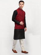 Jompers Men's Black Dupion Silk Kurta with Churidar & Nehru Jacket ( Maroon ) | Grocsy