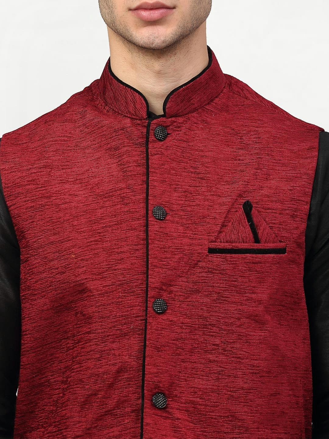 Jompers Men's Black Dupion Silk Kurta with Churidar & Nehru Jacket ( Maroon ) | Grocsy