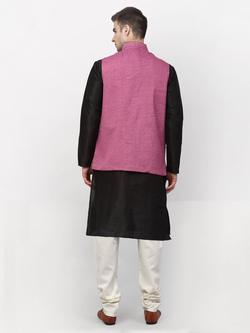 Jompers Men's Black Dupion Silk Kurta with Churidar & Nehru Jacket ( Purple ) | Grocsy
