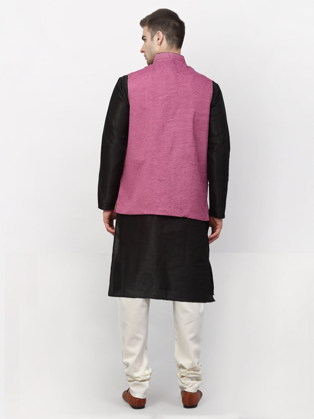 Jompers Men's Black Dupion Silk Kurta with Churidar & Nehru Jacket ( Purple ) | Grocsy