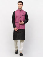 Jompers Men's Black Dupion Silk Kurta with Churidar & Nehru Jacket ( Purple ) | Grocsy