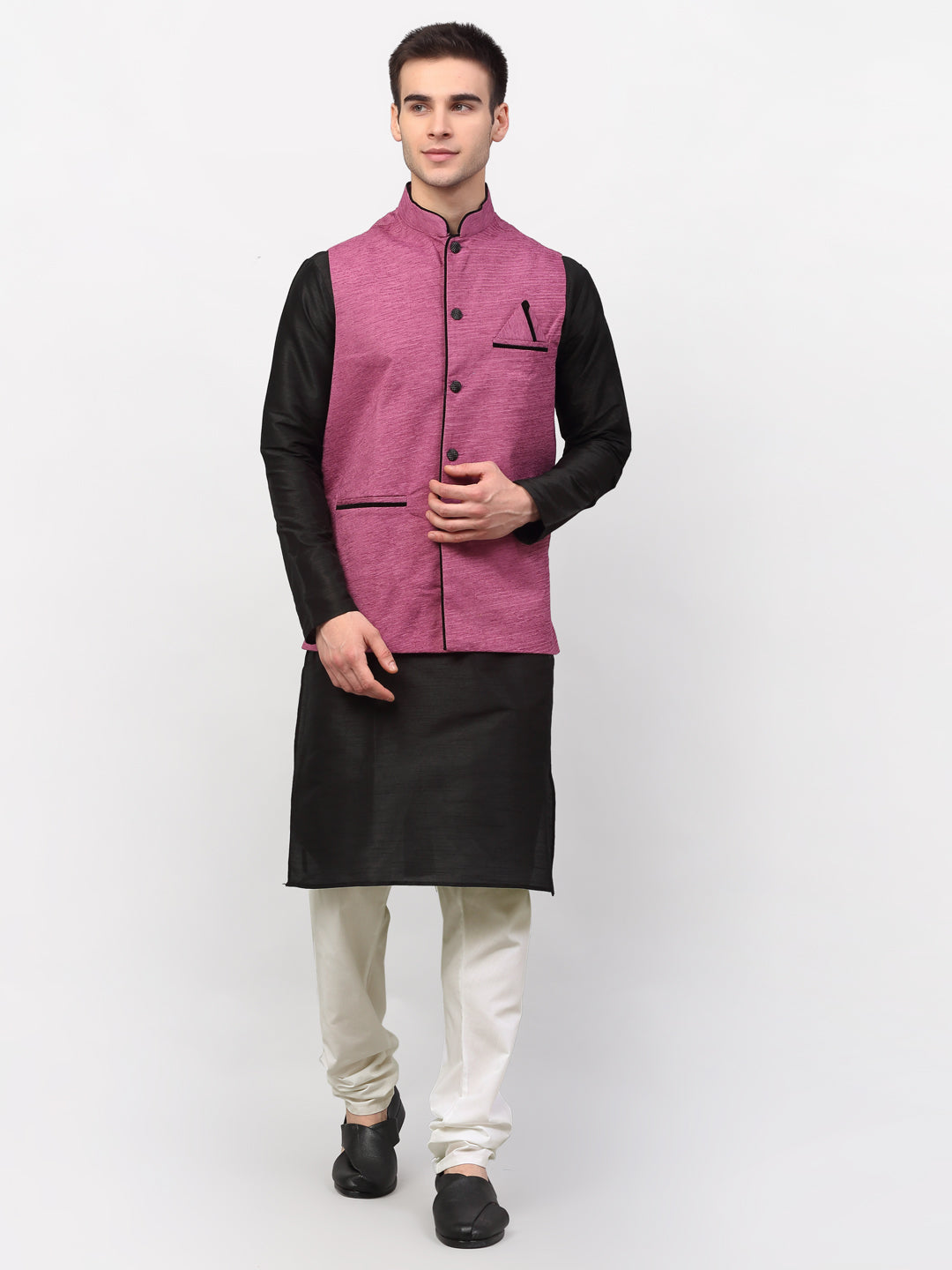 Jompers Men's Black Dupion Silk Kurta with Churidar & Nehru Jacket ( Purple ) | Grocsy