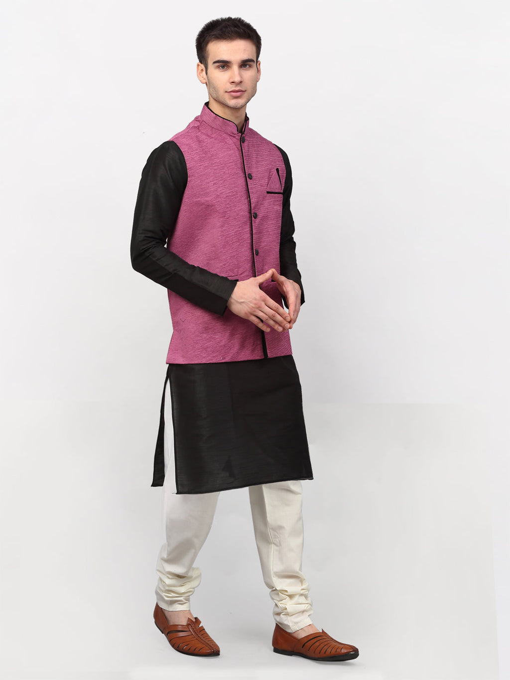 Jompers Men's Black Dupion Silk Kurta with Churidar & Nehru Jacket ( Purple ) | Grocsy