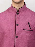 Jompers Men's Black Dupion Silk Kurta with Churidar & Nehru Jacket ( Purple ) | Grocsy