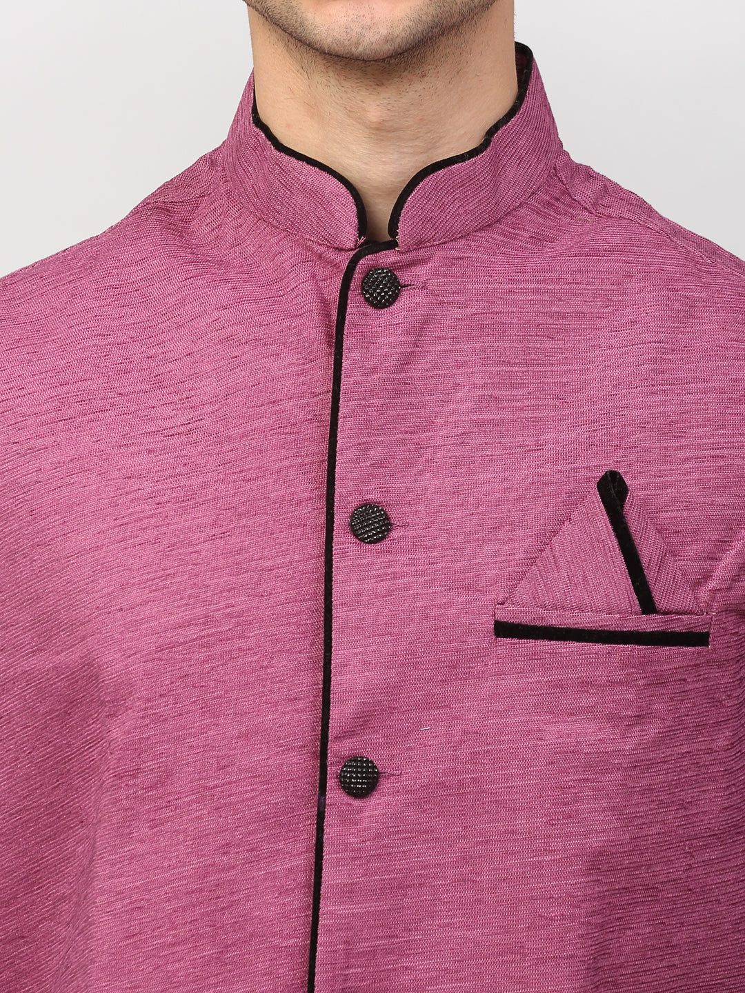 Jompers Men's Black Dupion Silk Kurta with Churidar & Nehru Jacket ( Purple ) | Grocsy