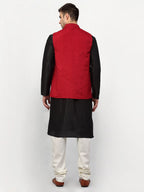 Jompers Men Black Dupion Silk Kurta with Chudidar & Nehru Jacket (Red) | Grocsy