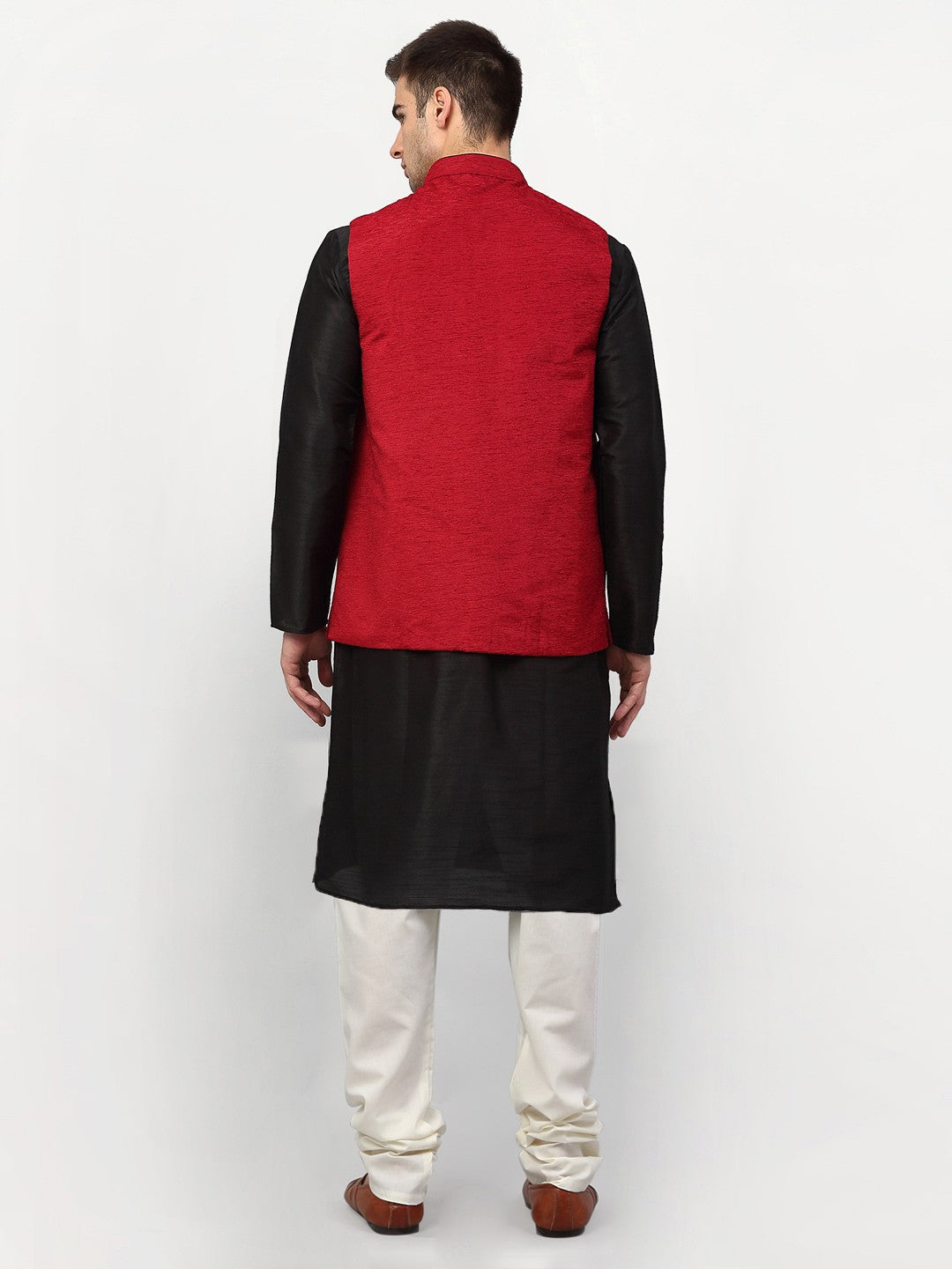Jompers Men Black Dupion Silk Kurta with Chudidar & Nehru Jacket (Red) | Grocsy