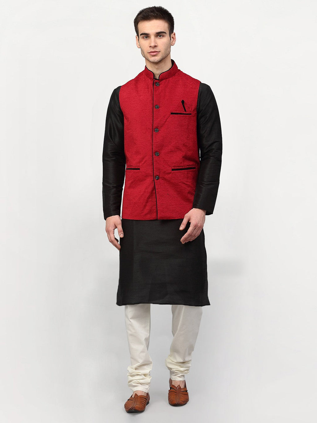Jompers Men Black Dupion Silk Kurta with Chudidar & Nehru Jacket (Red) | Grocsy