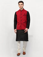 Jompers Men Black Dupion Silk Kurta with Chudidar & Nehru Jacket (Red) | Grocsy