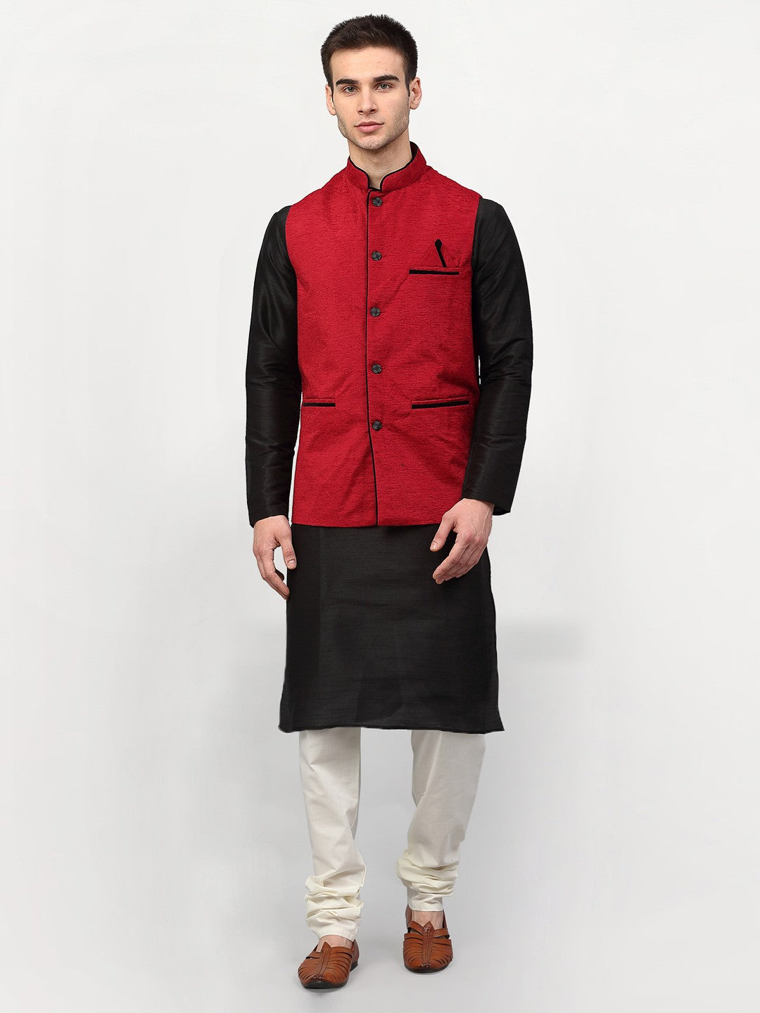 Jompers Men Black Dupion Silk Kurta with Chudidar & Nehru Jacket (Red) | Grocsy