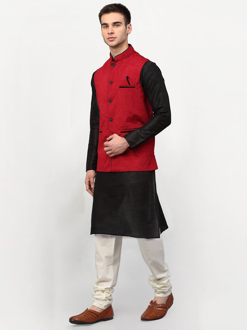 Jompers Men Black Dupion Silk Kurta with Chudidar & Nehru Jacket (Red) | Grocsy
