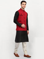 Jompers Men Black Dupion Silk Kurta with Chudidar & Nehru Jacket (Red) | Grocsy