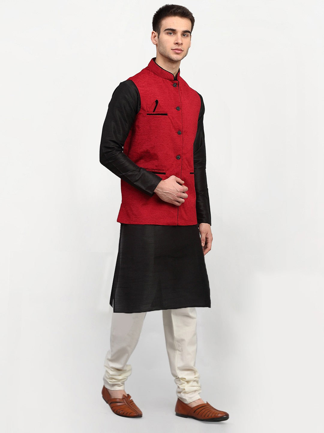 Jompers Men Black Dupion Silk Kurta with Chudidar & Nehru Jacket (Red) | Grocsy