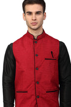 Jompers Men Black Dupion Silk Kurta with Chudidar & Nehru Jacket (Red) | Grocsy