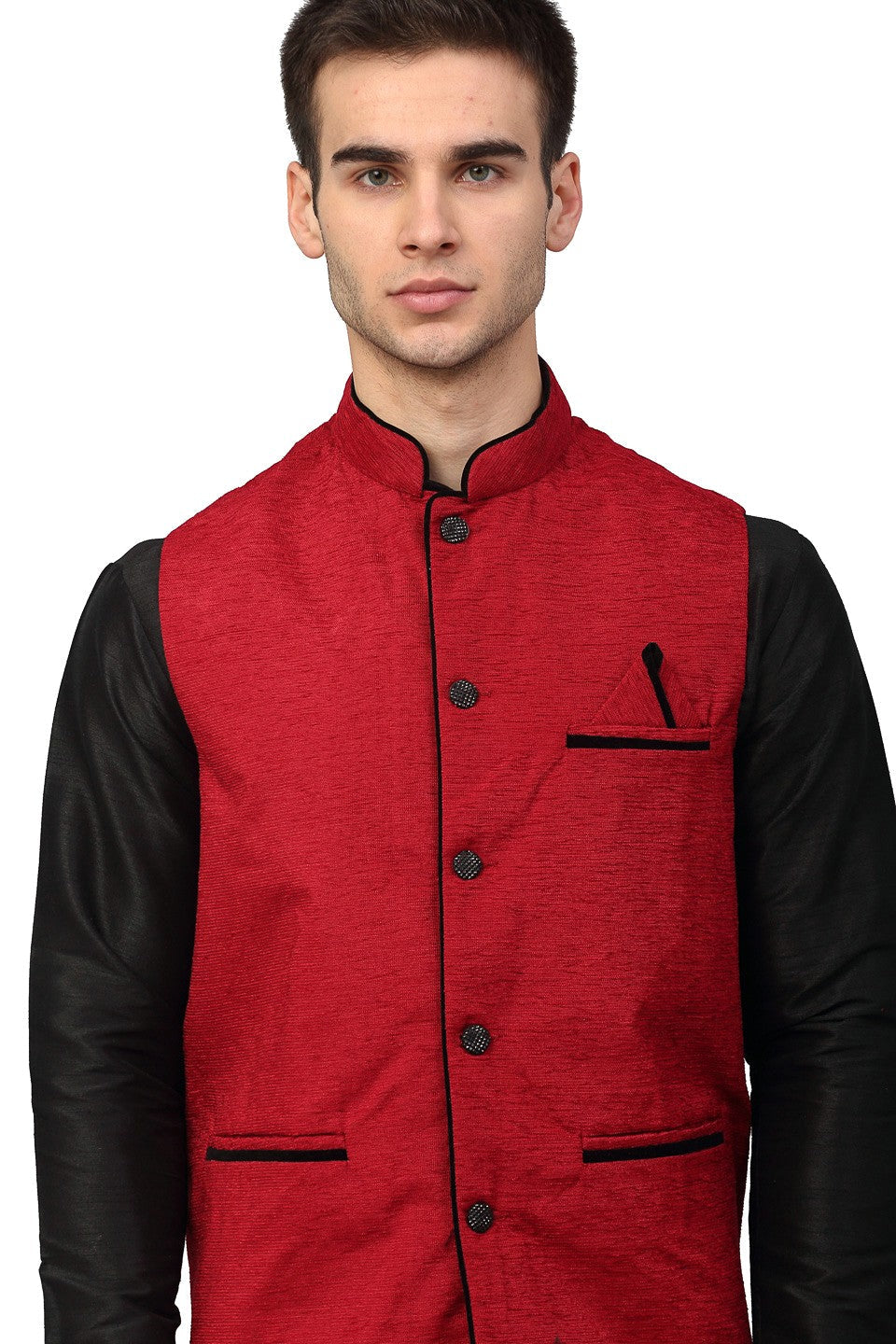 Jompers Men Black Dupion Silk Kurta with Chudidar & Nehru Jacket (Red) | Grocsy