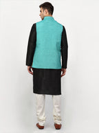 Jompers Men's Black Dupion Silk Kurta with Churidar & Nehru Jacket ( Sky ) | Grocsy