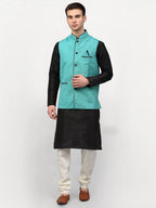 Jompers Men's Black Dupion Silk Kurta with Churidar & Nehru Jacket ( Sky ) | Grocsy