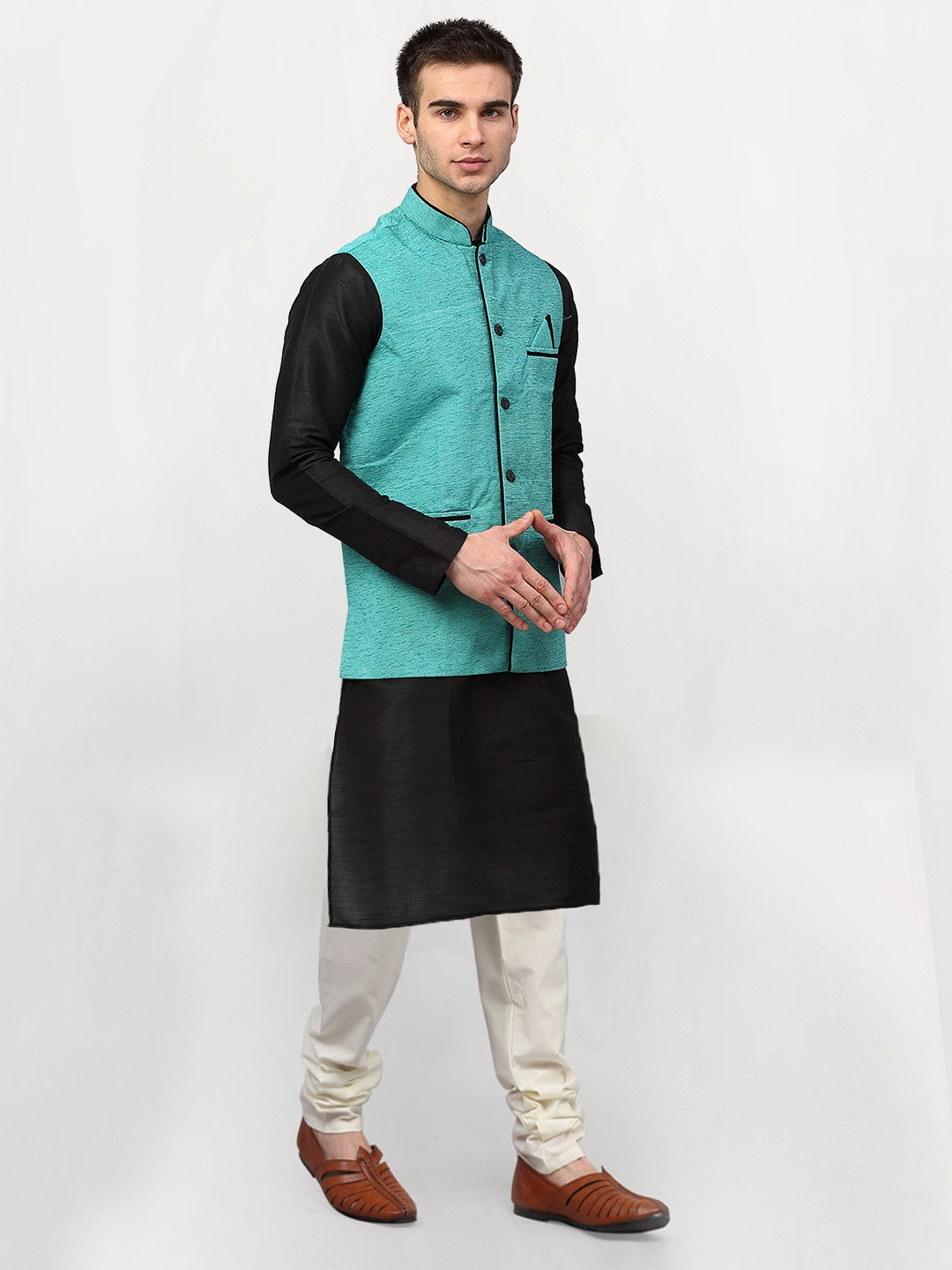 Jompers Men's Black Dupion Silk Kurta with Churidar & Nehru Jacket ( Sky ) | Grocsy
