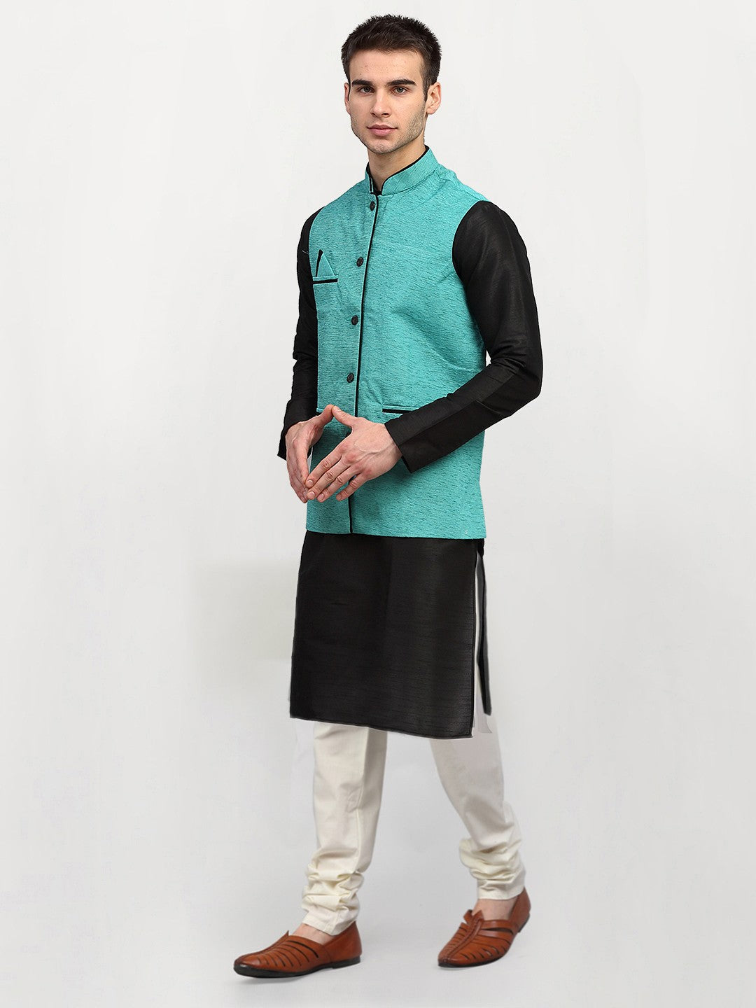 Jompers Men's Black Dupion Silk Kurta with Churidar & Nehru Jacket ( Sky ) | Grocsy