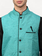 Jompers Men's Black Dupion Silk Kurta with Churidar & Nehru Jacket ( Sky ) | Grocsy