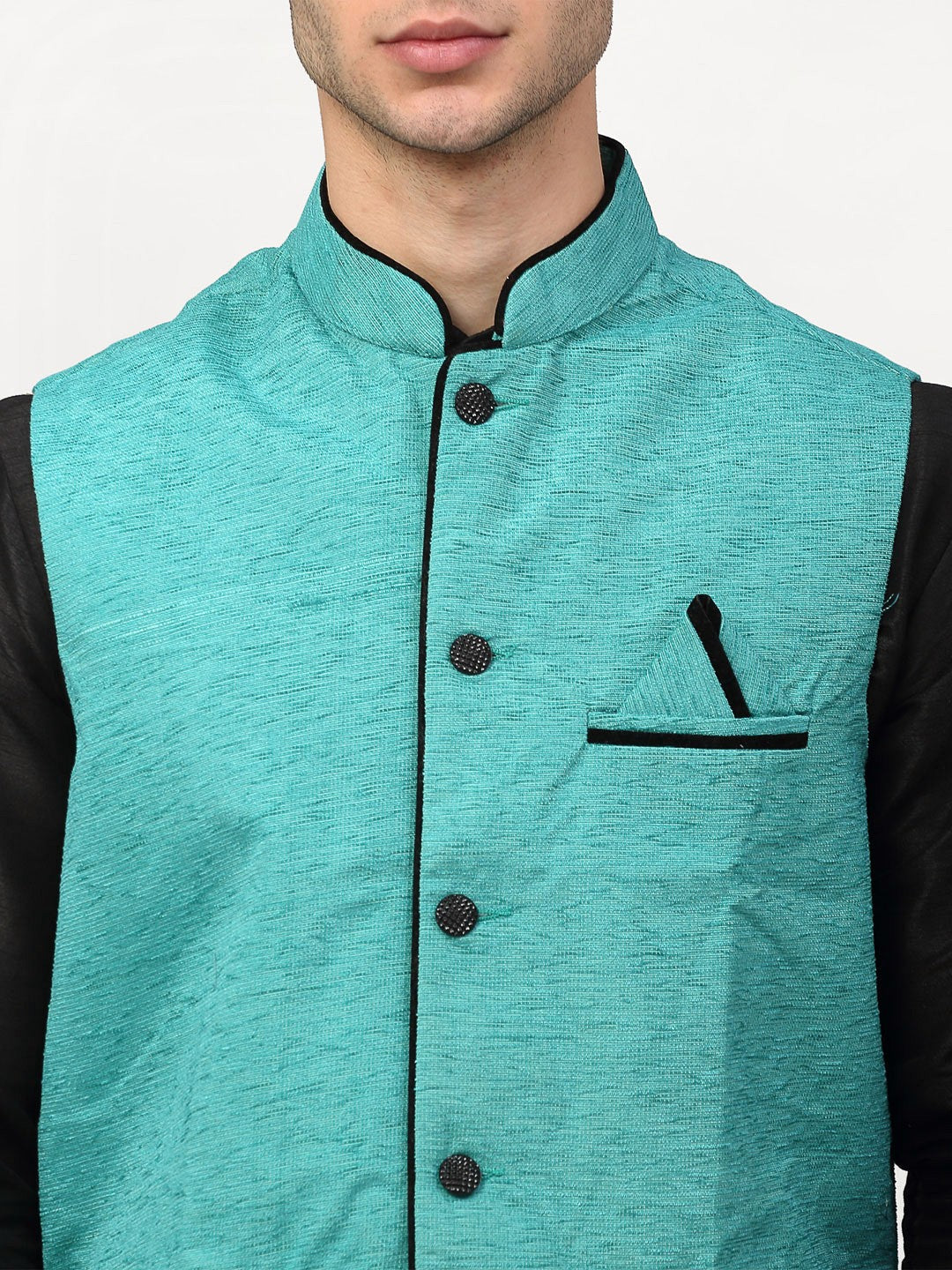 Jompers Men's Black Dupion Silk Kurta with Churidar & Nehru Jacket ( Sky ) | Grocsy