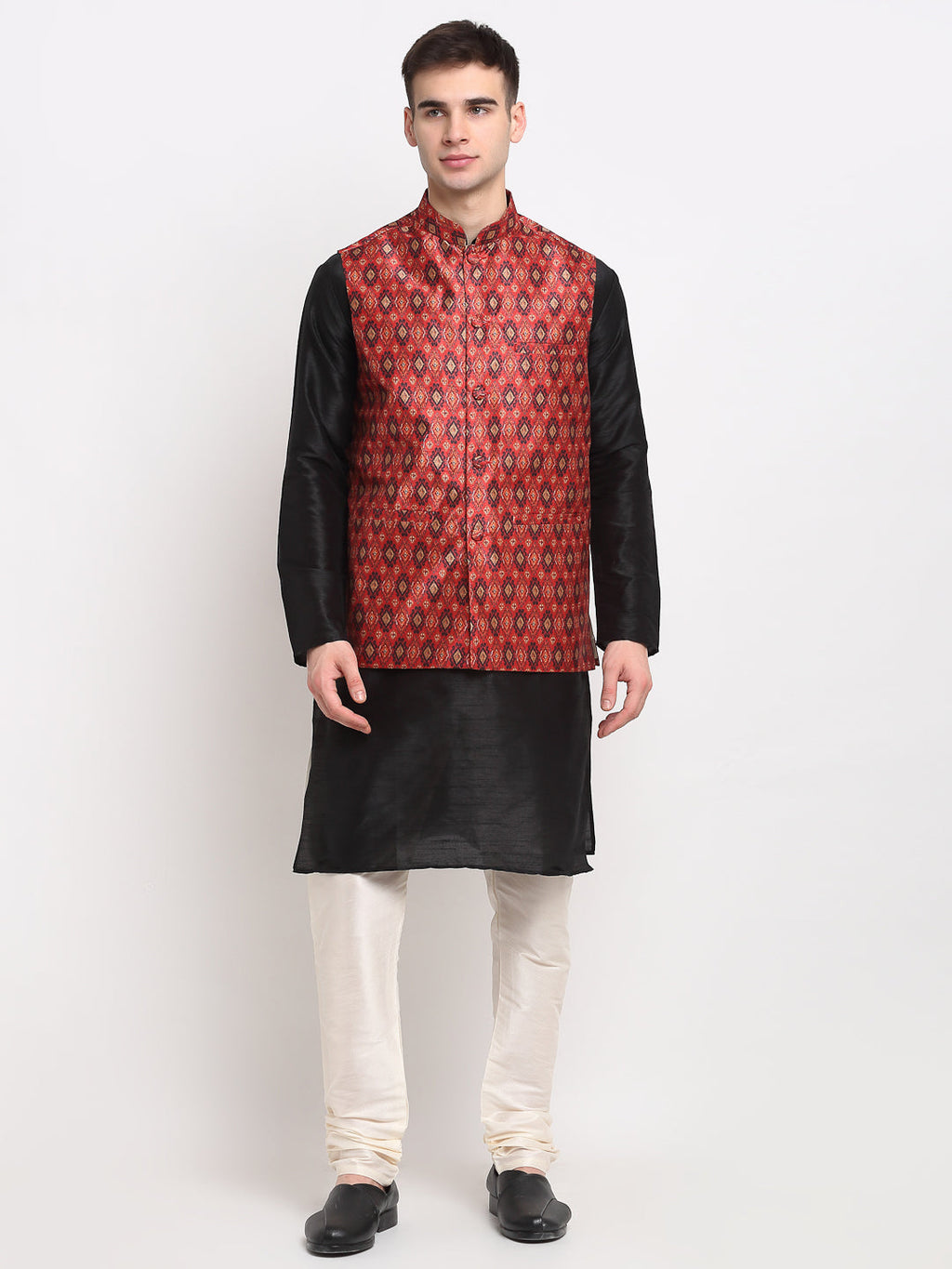 Jompers Men's Black Dupion Silk Kurta with Churidar & Nehru Jacket ( Red ) | Grocsy