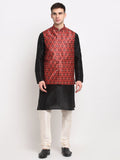 Jompers Men's Black Dupion Silk Kurta with Churidar & Nehru Jacket ( Red ) | Grocsy