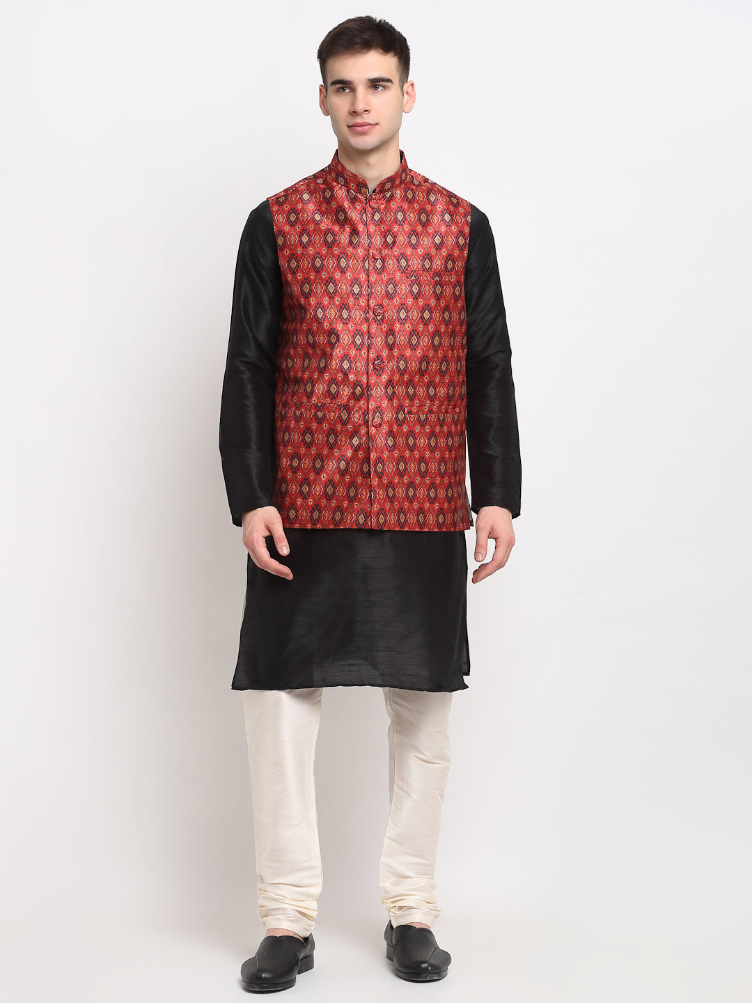 Jompers Men's Black Dupion Silk Kurta with Churidar & Nehru Jacket ( Red ) | Grocsy